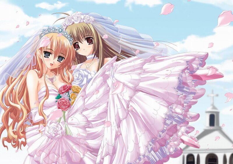 Two brides in wedding dresses