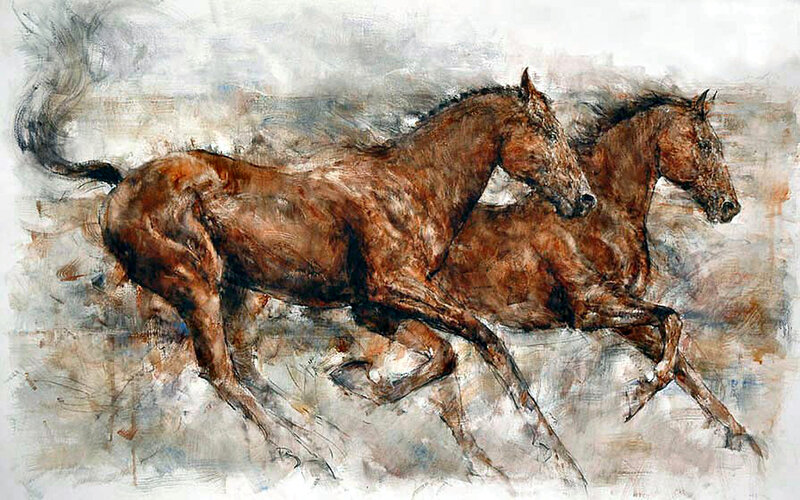 Two Brown Horses Running — Dynamic, Painting, Brushstrokes