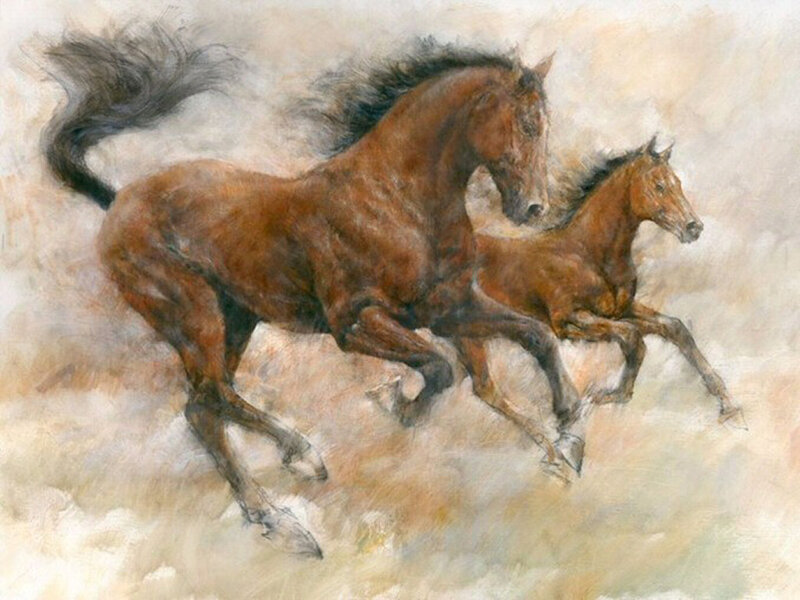 Two Brown Horses Running — Dynamic, Painting