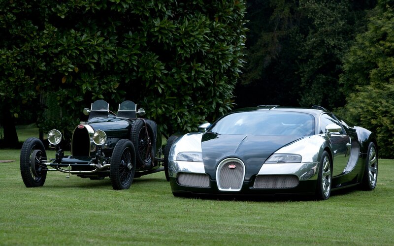 Two Bugatti Cars — Green, Serene, Afternoon, Photograph, Grass, Trees, Black, Silver