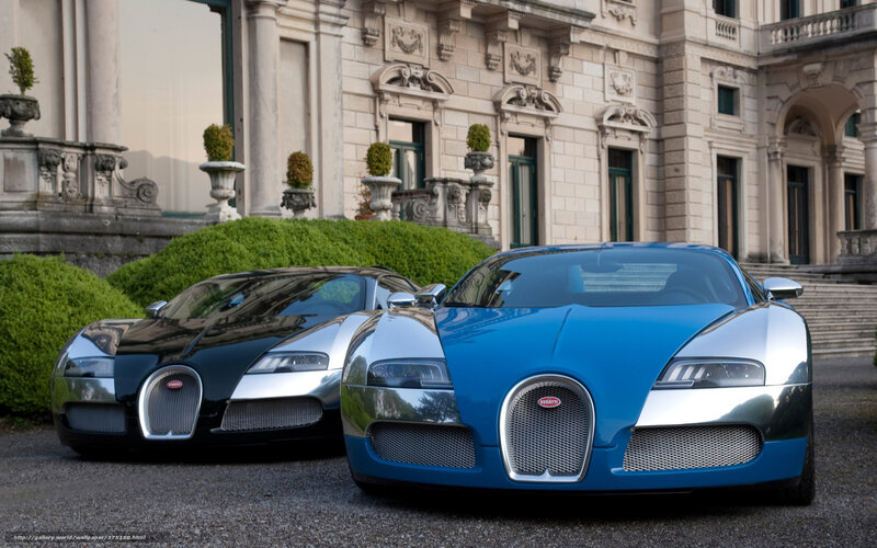 Two Bugatti Veyrons in front of a mansion