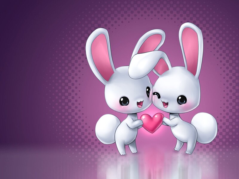 Two Bunnies Holding Heart — Purple