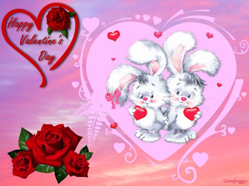 Two Bunnies Holding Hearts — Pink