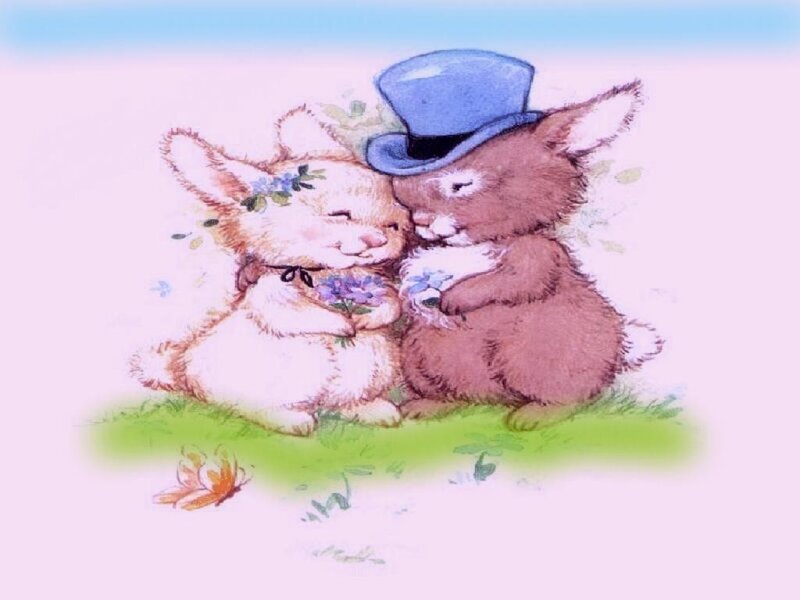 Two Bunnies Hugging — Pink