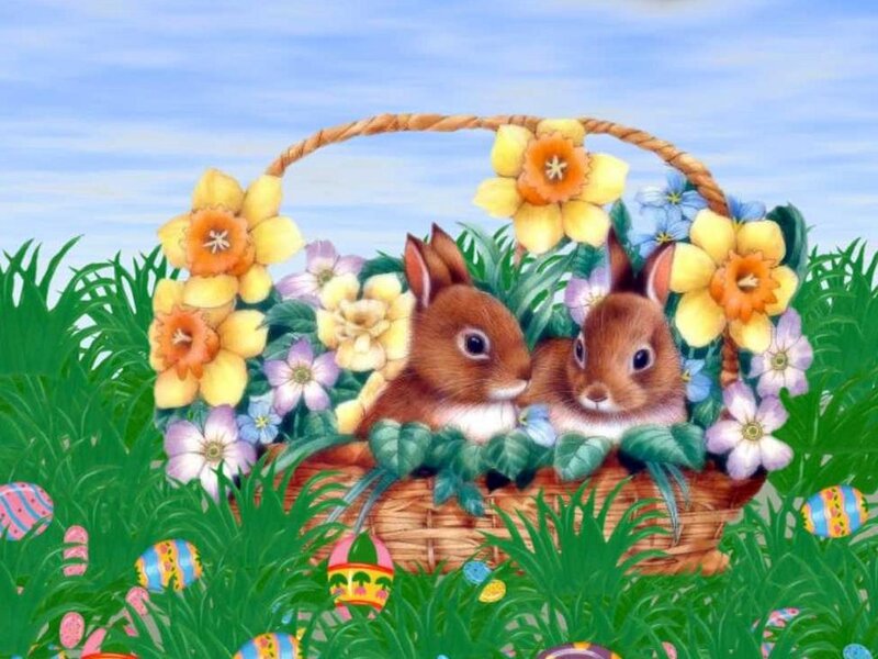 Two Bunnies in Basket — Green