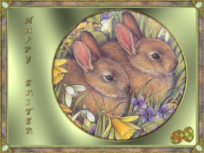 Two Bunnies in Flowers — Green