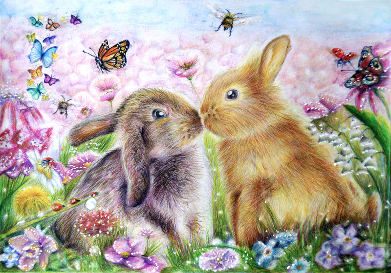 Two Bunnies in Flowers — Pink