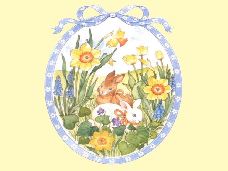 Two Bunnies in Flowers — Yellow