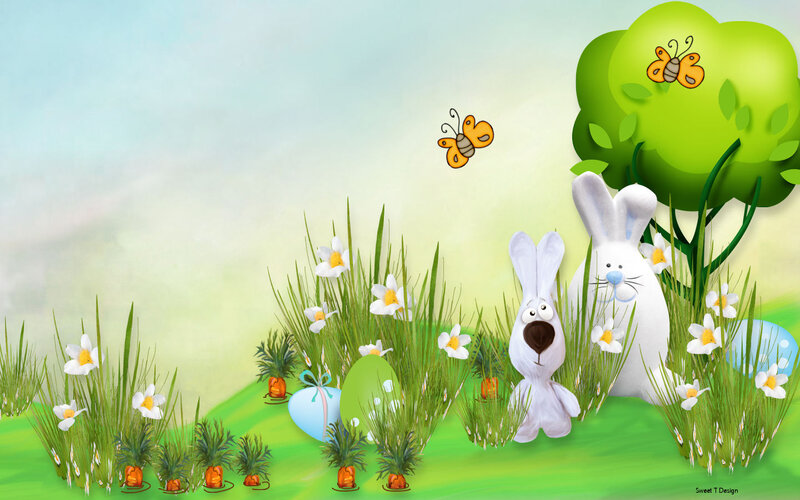 Two Bunnies in Grass — Green, Cheerful, Spring, Digital Art