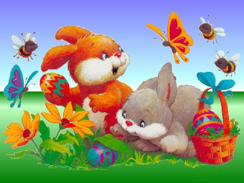 Two Bunnies in Grass — Green, Cheerful, Spring