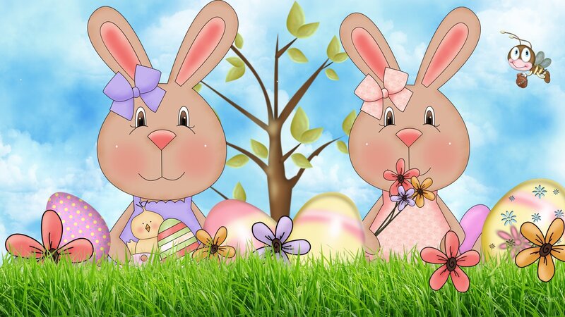 Two Bunnies in Grass — Green, Cheerful