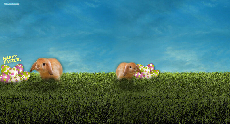 Two Bunnies in Grass — Green, Festive
