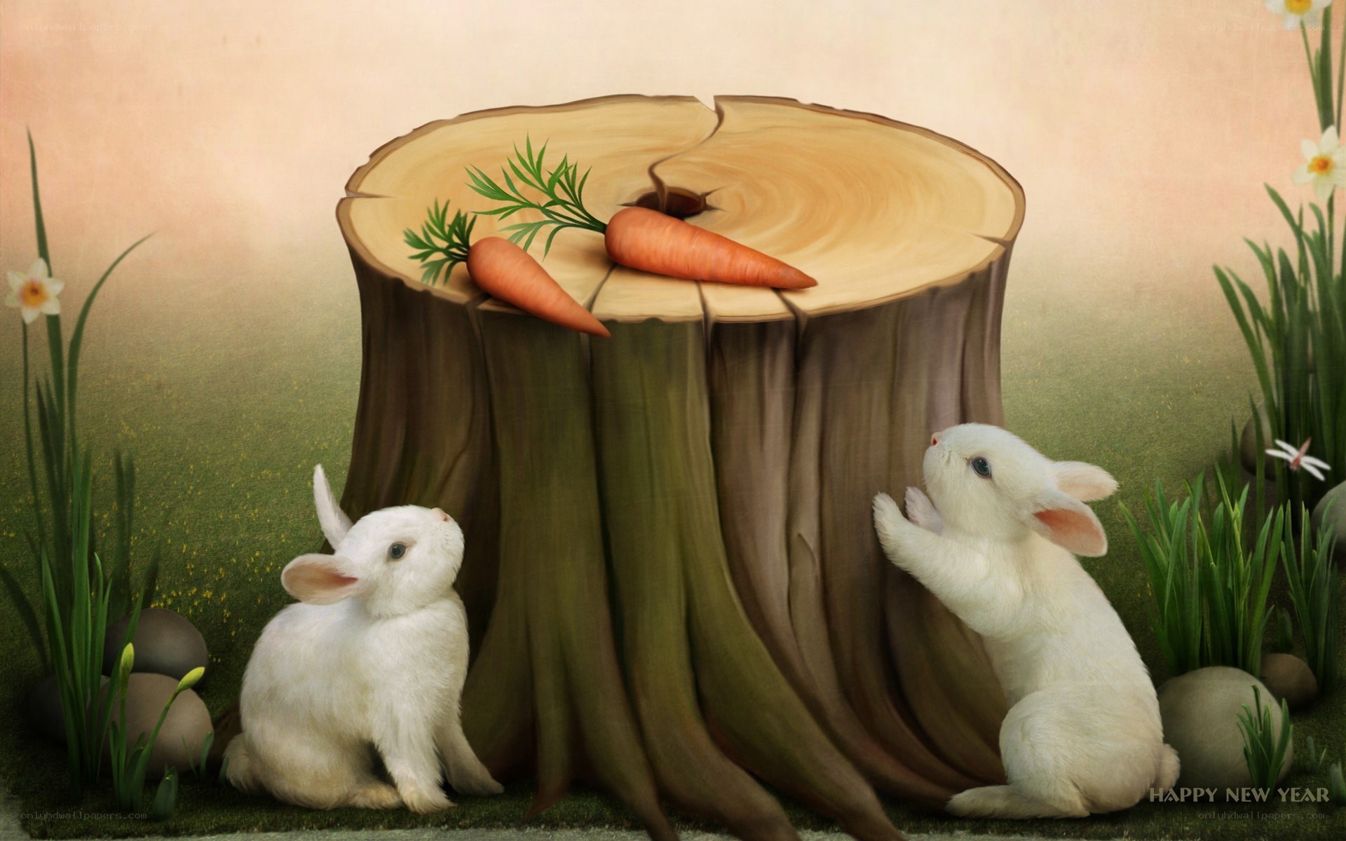Two bunnies with carrots