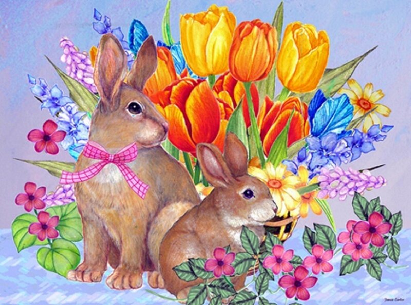 Two Bunnies with Flowers
