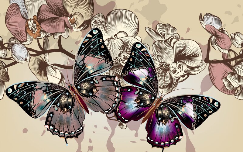 Two Butterflies on Flowers — Purple, Serene, Illustration, Branches
