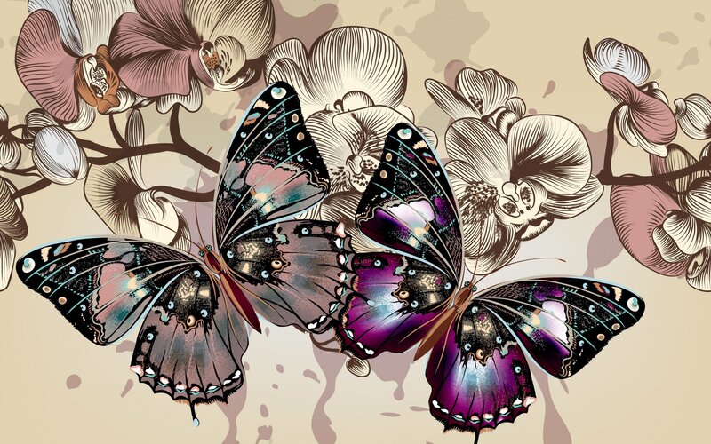 Two Butterflies on Flowers — Purple, Serene, Illustration
