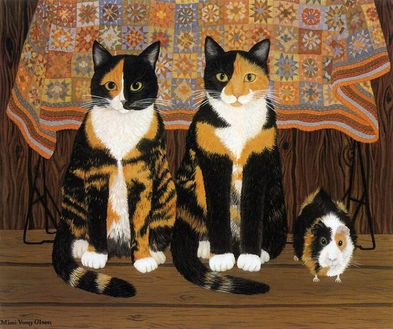 Two Calico Cats and a Guinea Pig