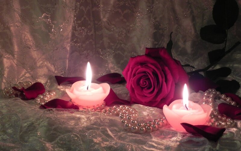 Two Candles and a Rose — Pink, Romantic, Night