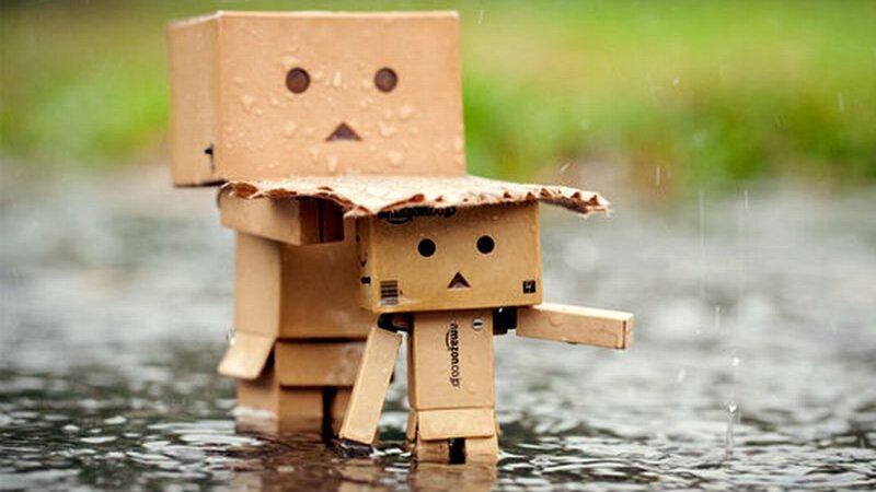 Two Cardboard Robots in Rain — Brown