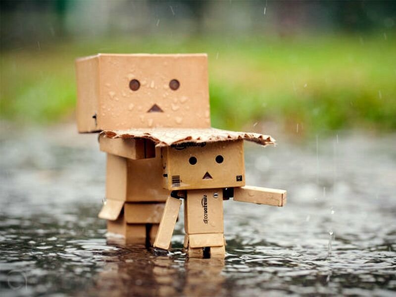 Two Cardboard Robots in Rain