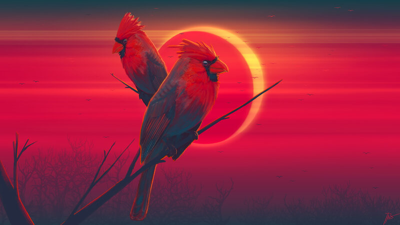 Two Cardinals on Branch — Red, Dramatic