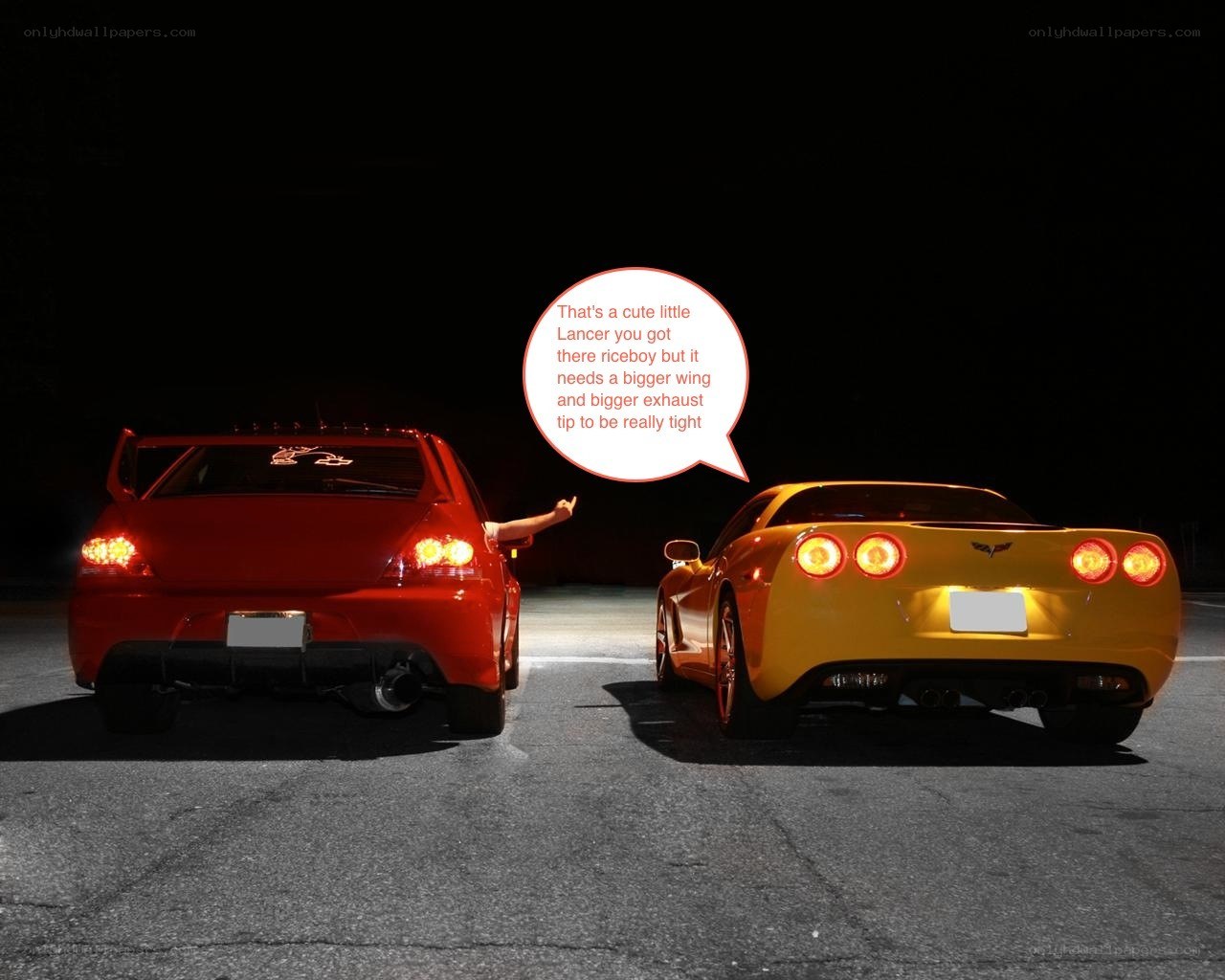 Two cars at night with speech bubble