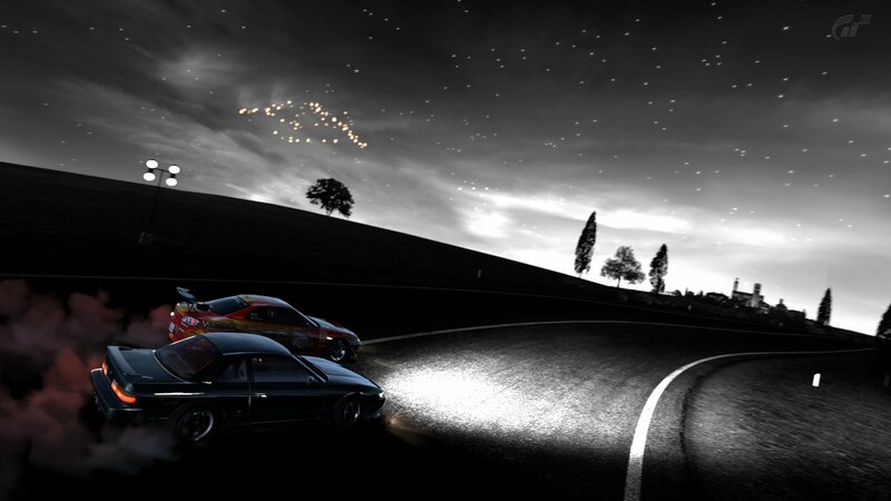 Two Cars Drifting at Night — Black
