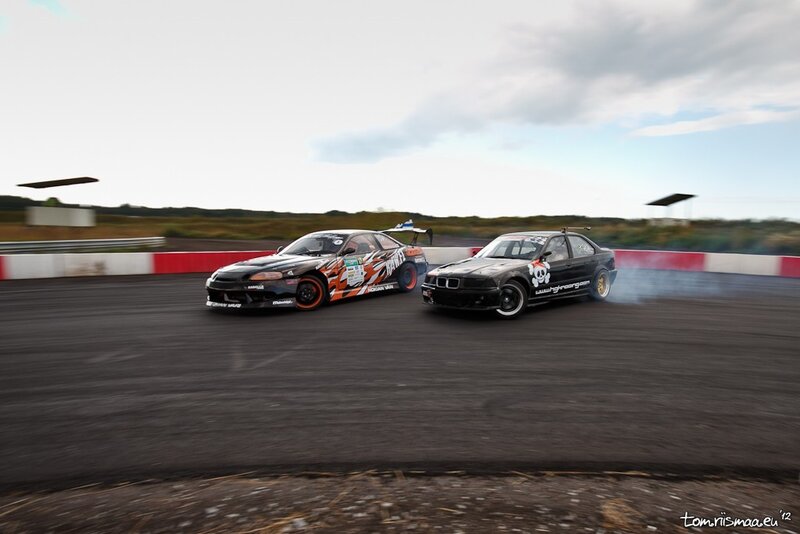 Two Cars Drifting — Black, Dynamic, Afternoon, Photograph, Race Track, Smoke