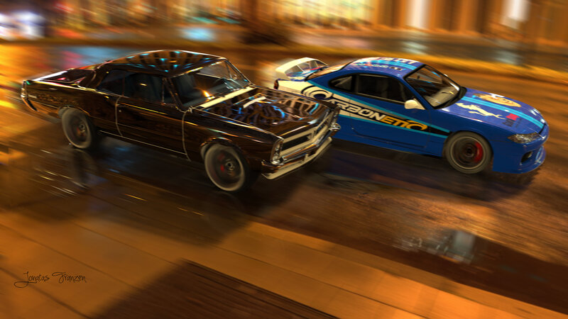 Two Cars Racing — Blue, Dynamic, Night