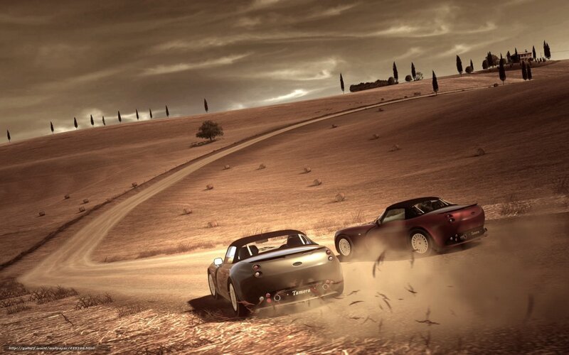Two cars racing on a dirt road