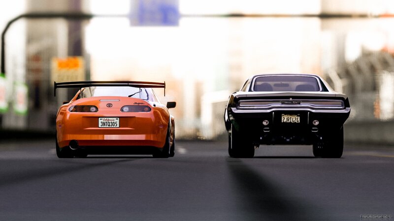 two cars racing on a road