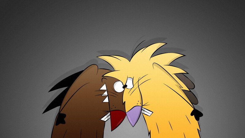 Two cartoon birds in a tense moment