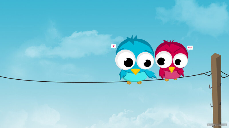 Two Cartoon Birds on Wire — Blue