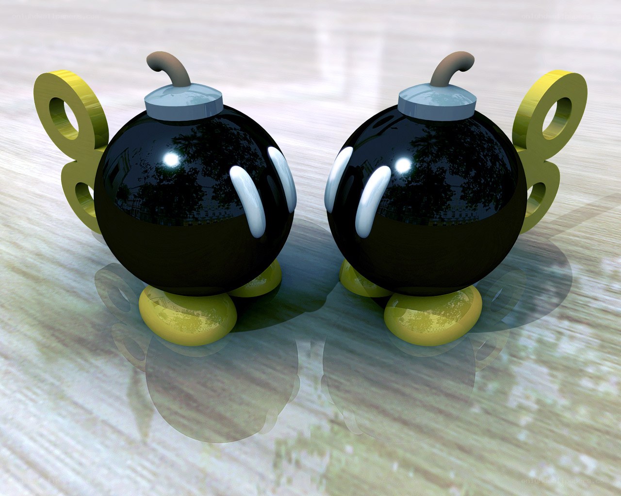 Two cartoon bombs on a reflective surface