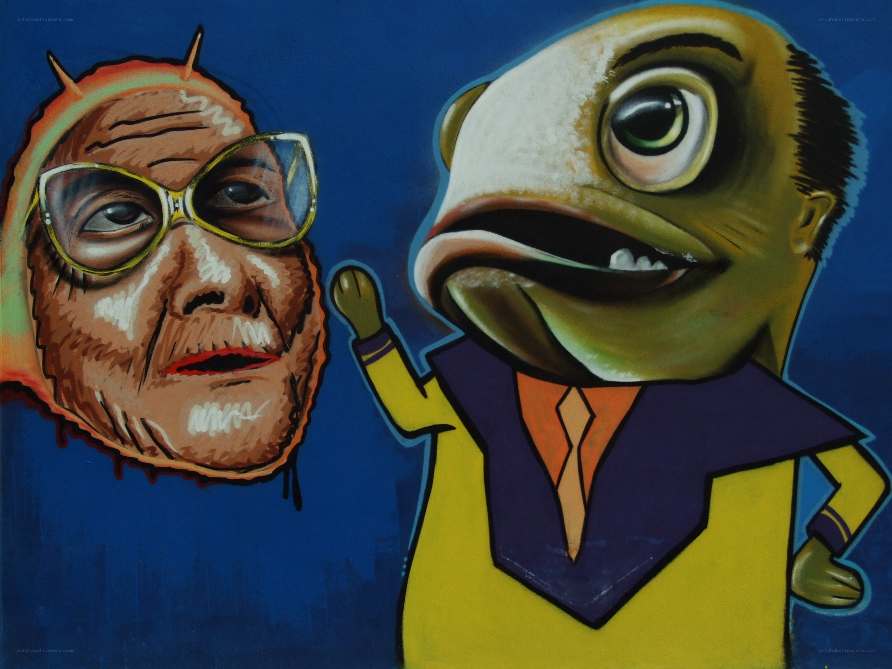 Two cartoon characters in a painting