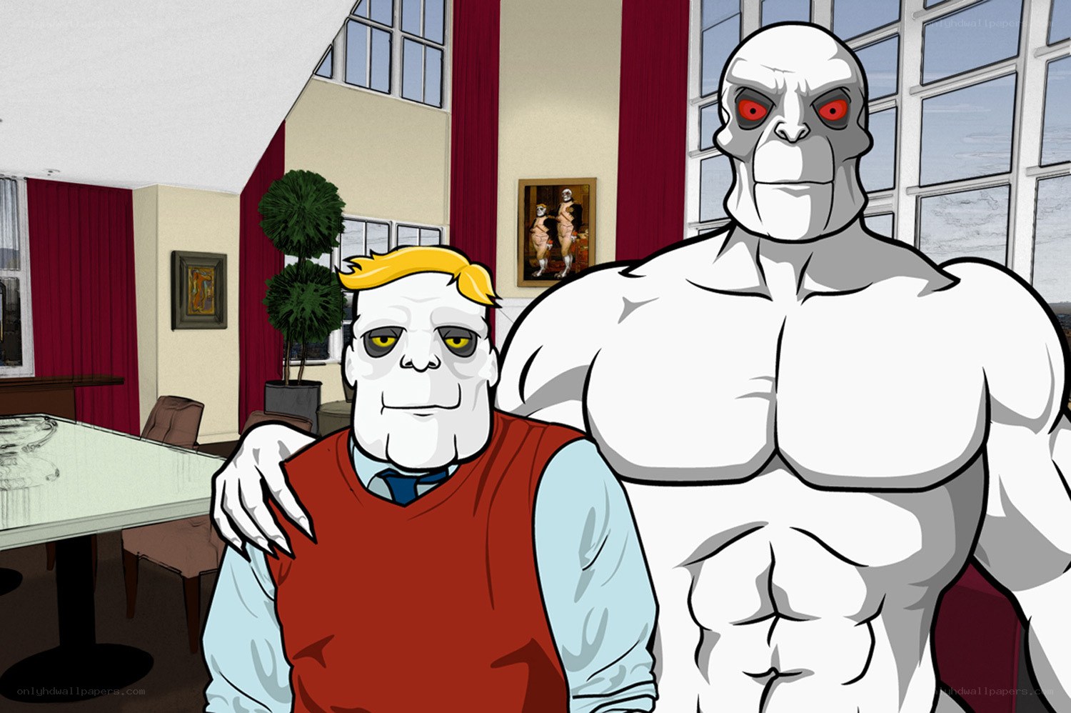 Two cartoon characters in a room