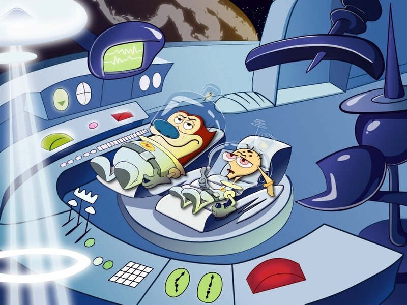 Two Cartoon Characters in Spaceship