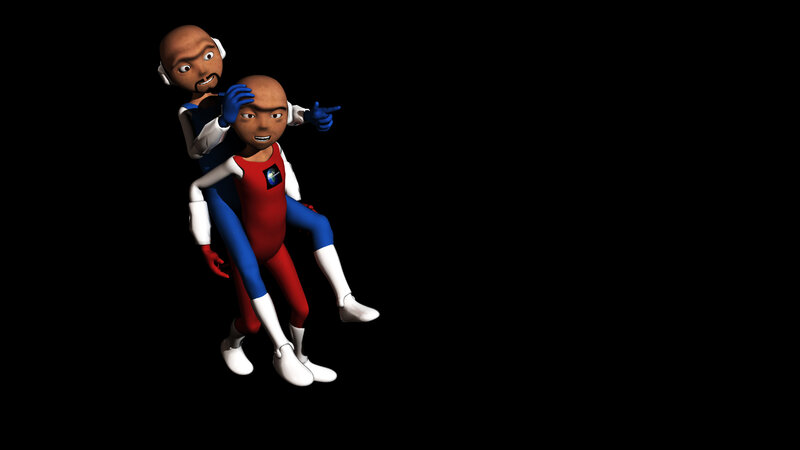two cartoon characters in superhero costumes