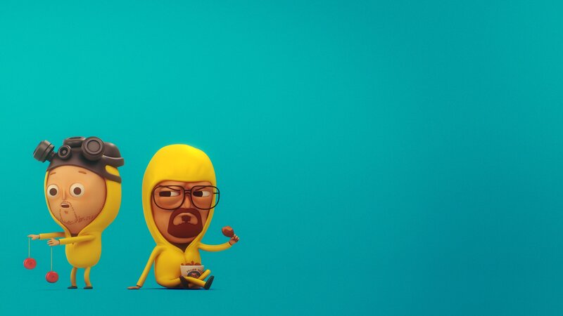 Two cartoon characters in yellow suits