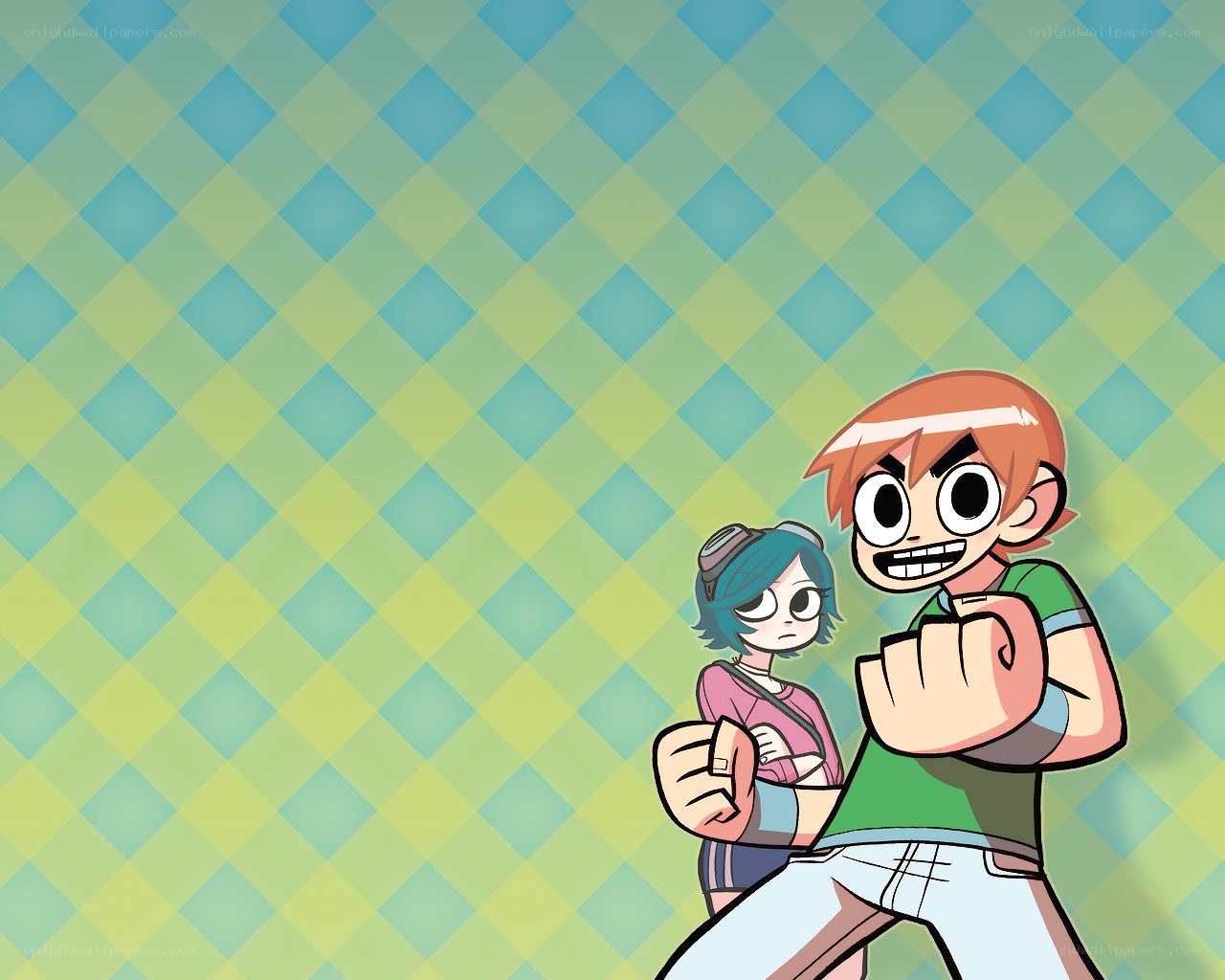 Two cartoon characters on a checkered background