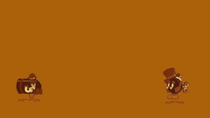 two cartoon characters on brown background
