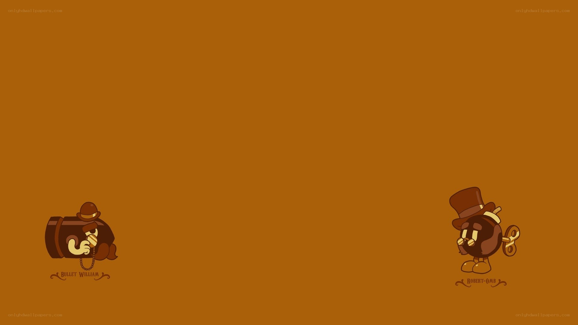 two cartoon characters on brown background