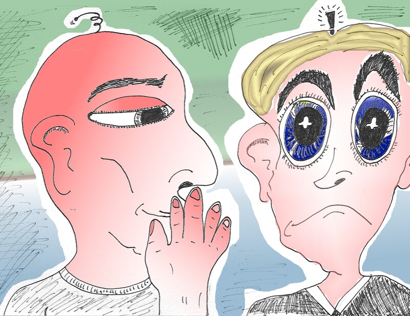 two cartoon characters whispering