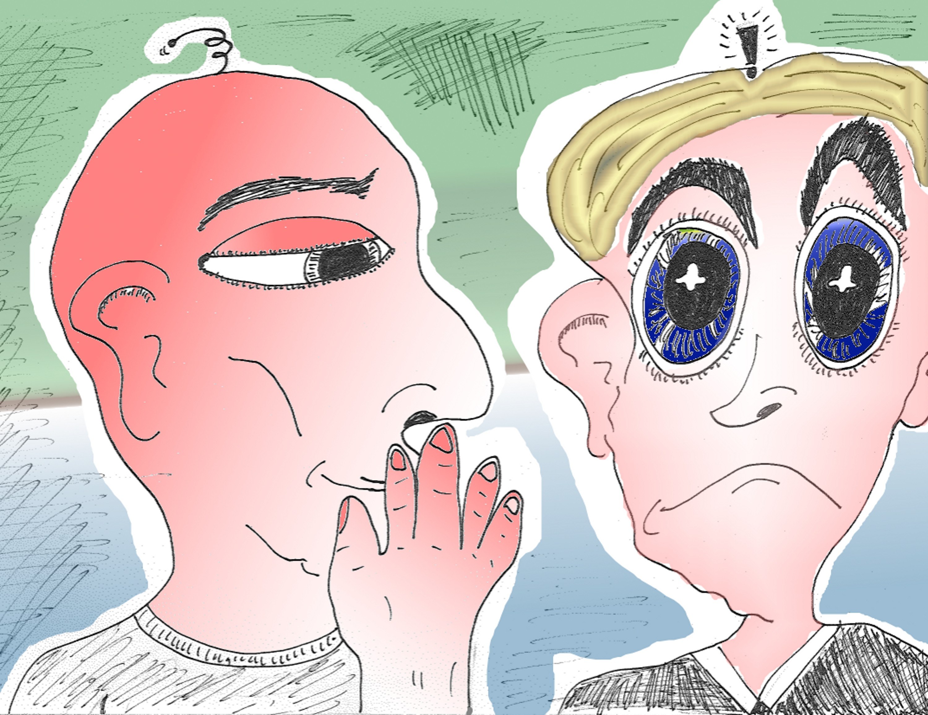 two cartoon characters whispering