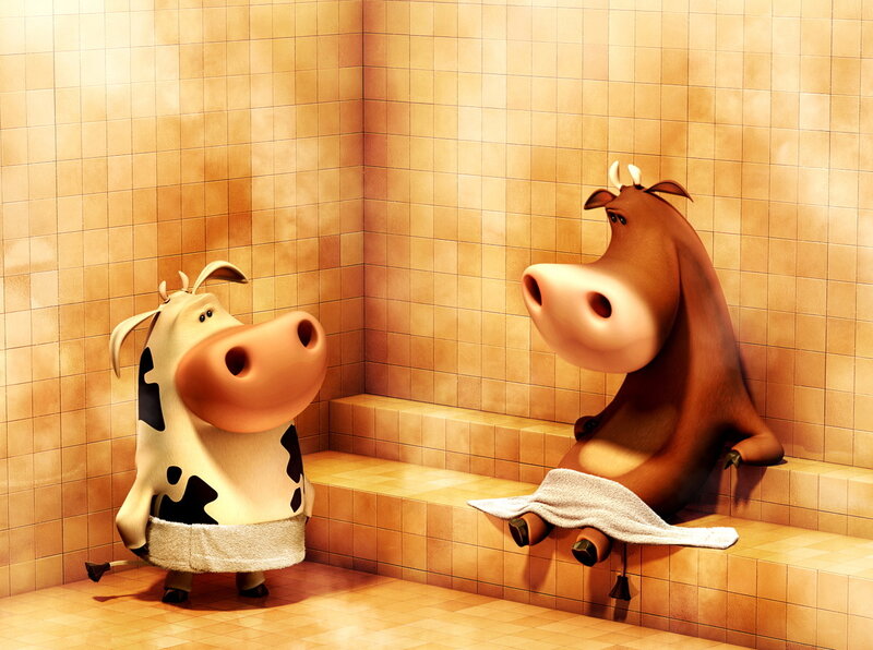 Two Cartoon Cows in Sauna