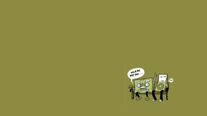 Two Cartoon Devices on Bench — Olive Green, Nostalgic, Comic