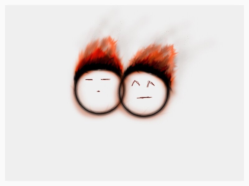 two cartoon faces with fiery hair