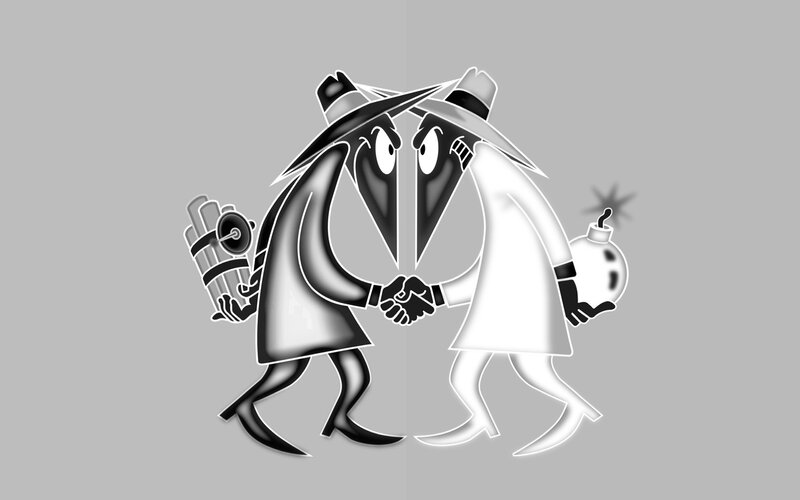 Two Cartoon Figures Shaking Hands — Black, Suspicious