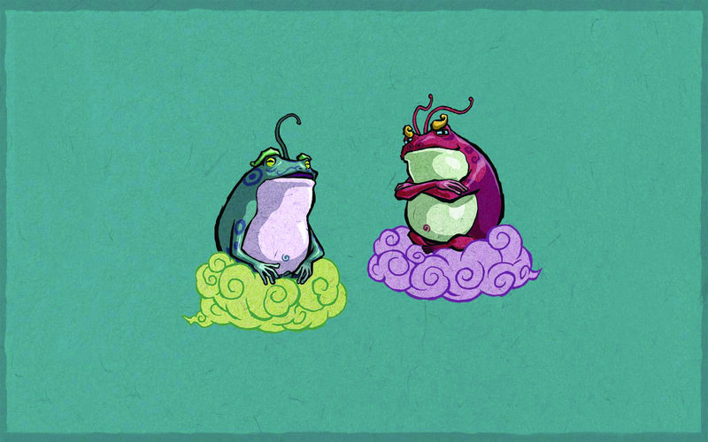 Two cartoon frogs on clouds