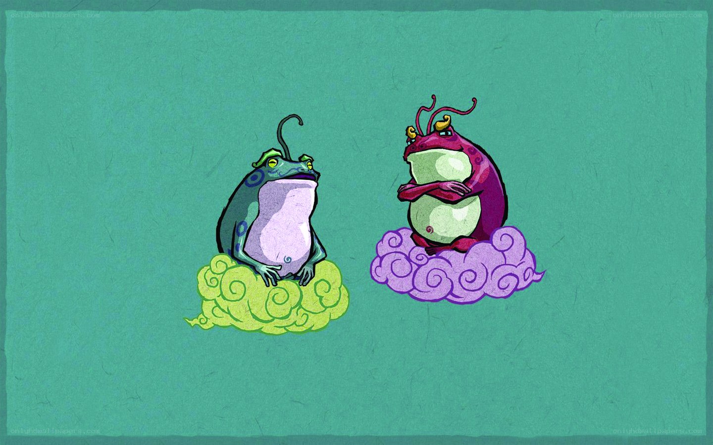 Two cartoon frogs on clouds